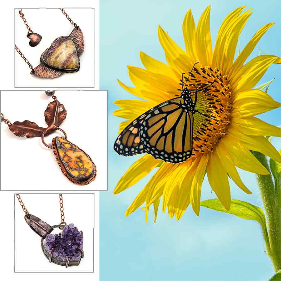 Stone and copper necklaces plus photograph of a monarch on sunflower - Julie Raasch
