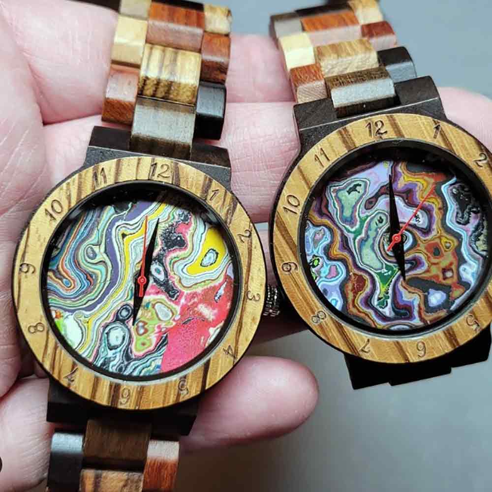 graffiti wall watch faces with wood