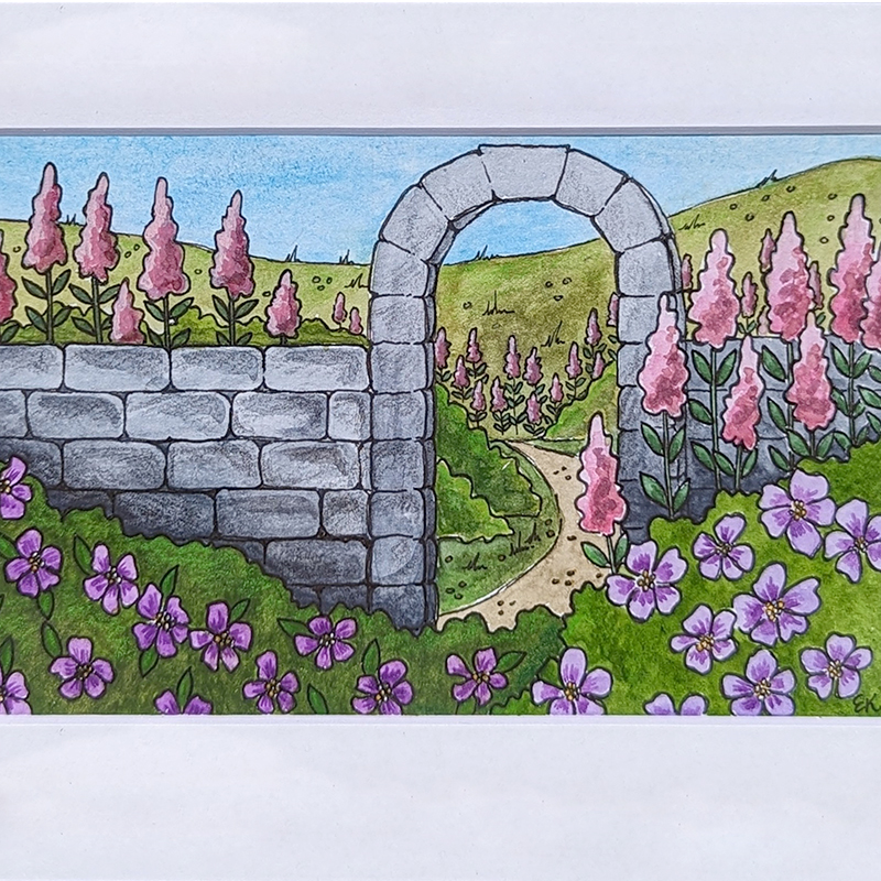 watercolor of garden and stone gate - Erin Kessler